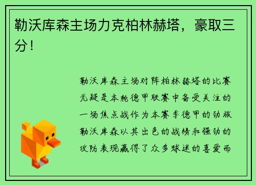 勒沃库森主场力克柏林赫塔，豪取三分！