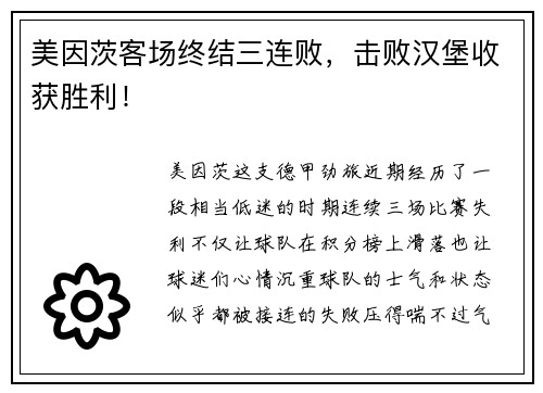 美因茨客场终结三连败，击败汉堡收获胜利！